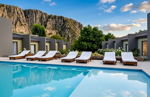 Vistalba Apartment | Family Room with River, Mountain, Spa, and Pool Views